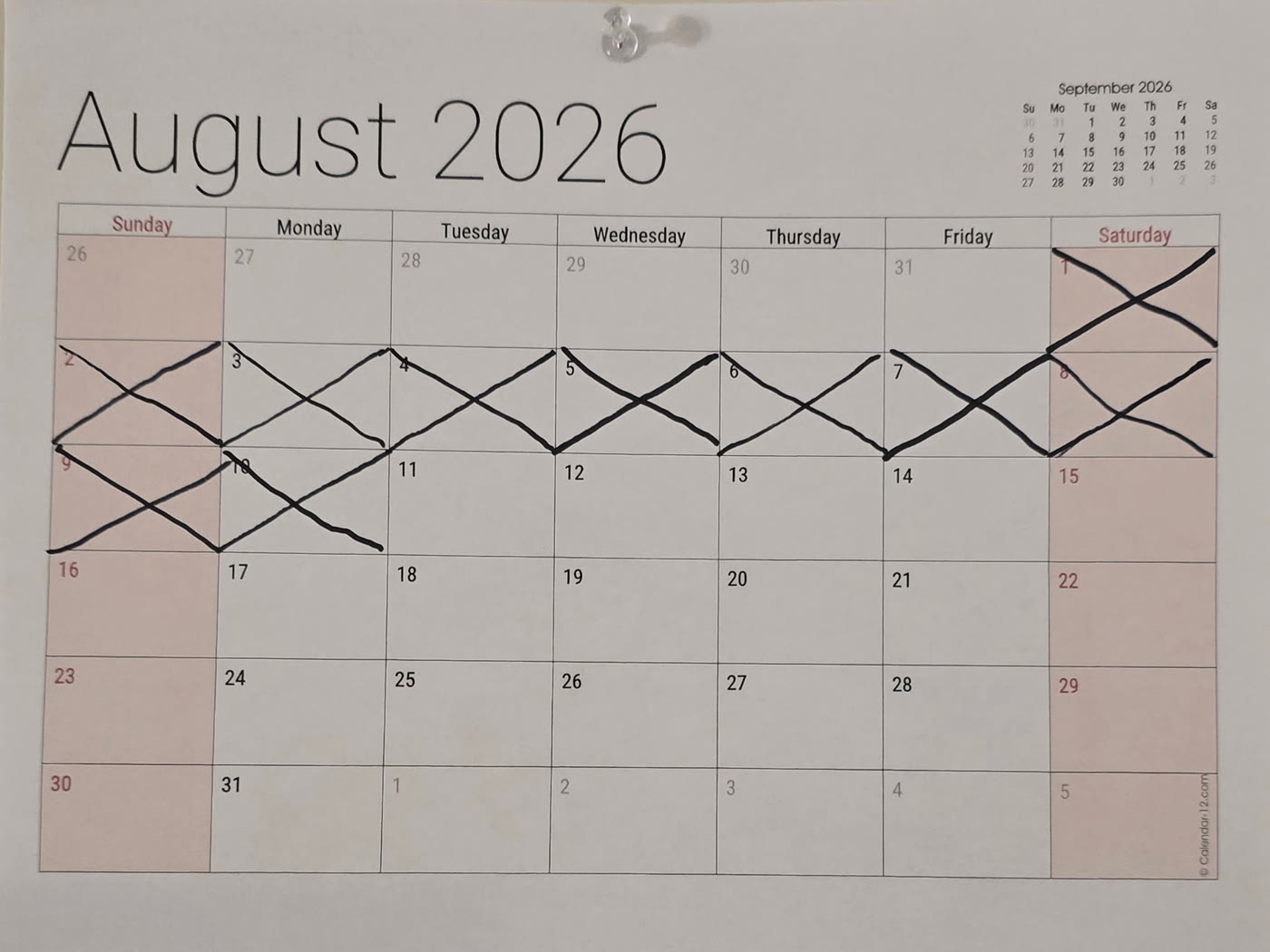 The August calendar with days 1 through 10 crossed off