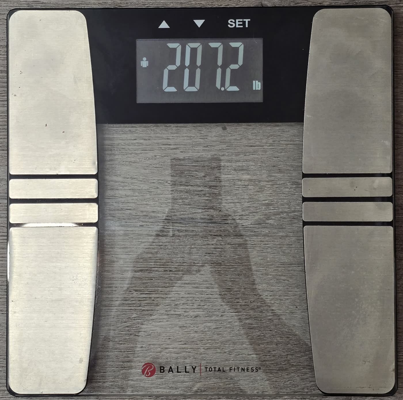 Bathroom scale on the morning of day 11 of the water fast reading 207.2 pounds, the 240 hour mark