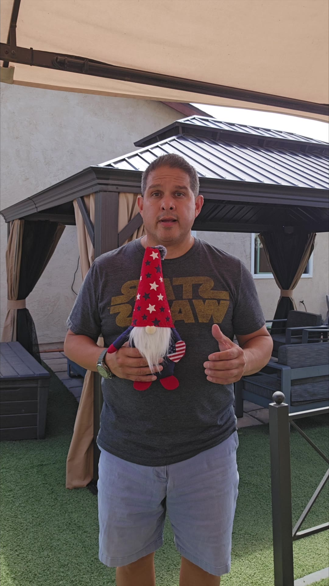 John on day 12 of the 90 day water fast at the gazebo, holding the gnome