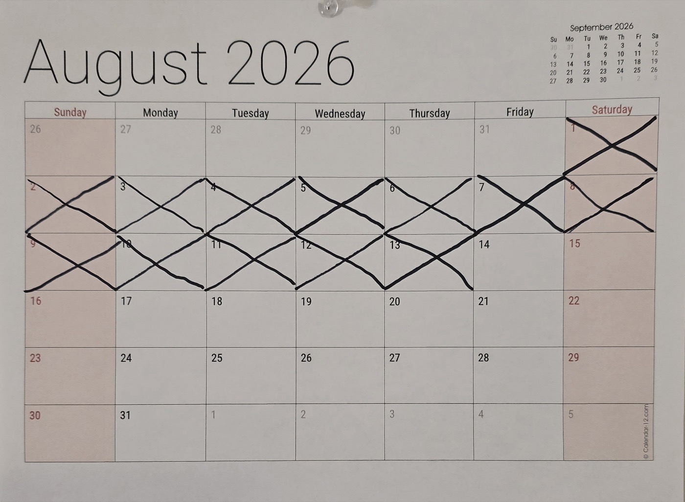 The August calendar with thirteen days crossed off