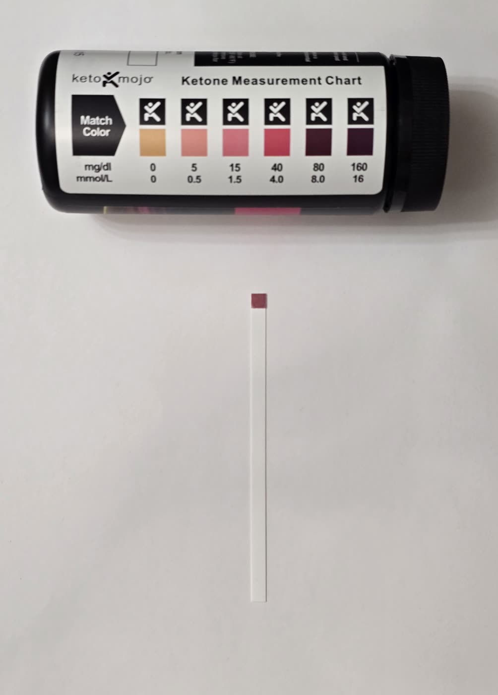 The ketone strip on day 14, still reading at the top of the chart