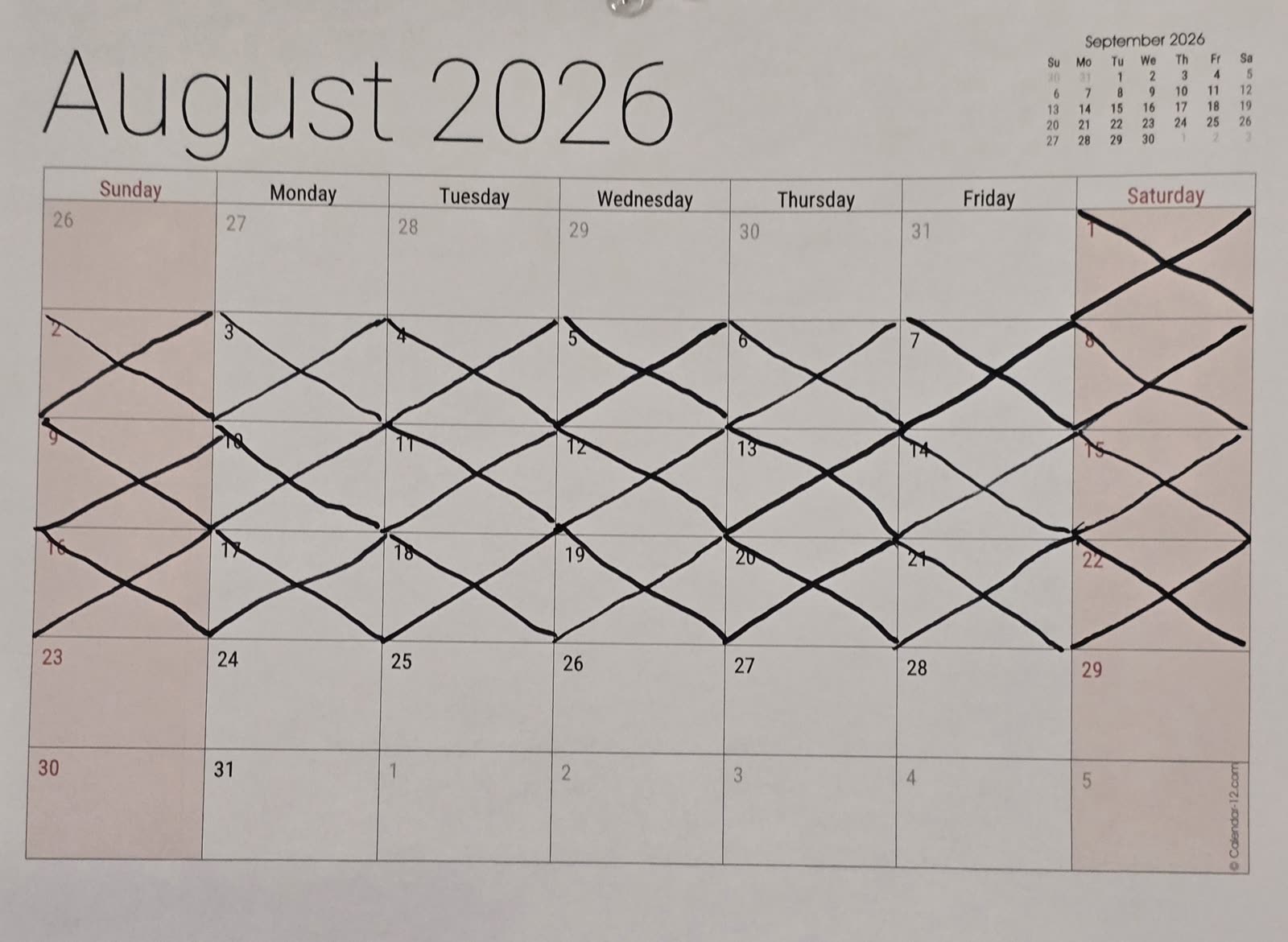 The August calendar with 22 days crossed off
