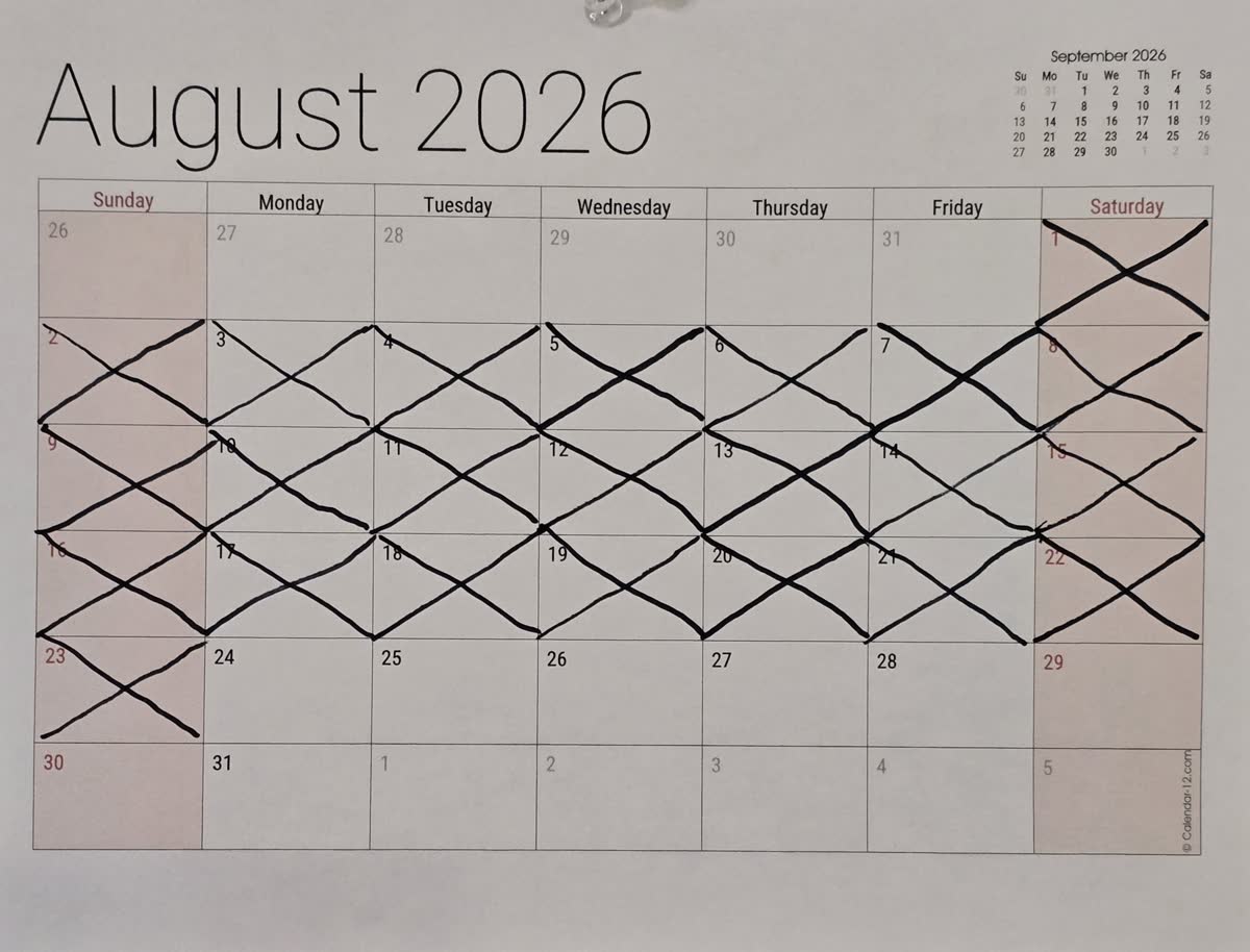 The August calendar with 23 days crossed off