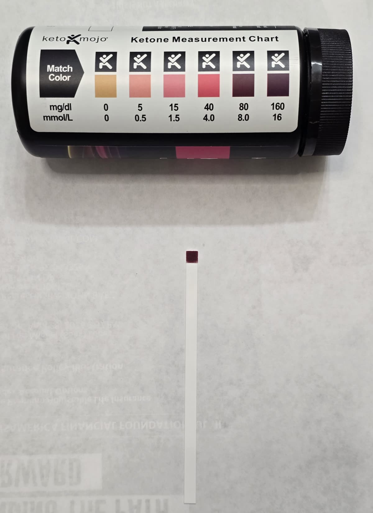 The ketone strip on day 24 still reading deep in ketosis