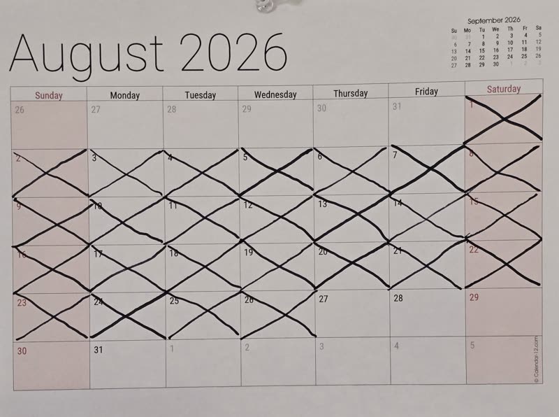 The August calendar with 26 days crossed off
