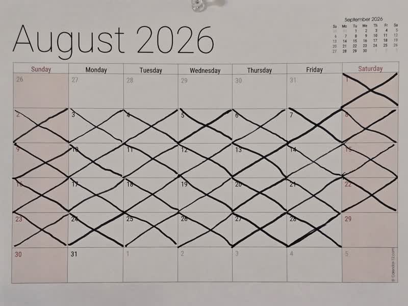 The August calendar with all 28 days crossed off through Friday August 28