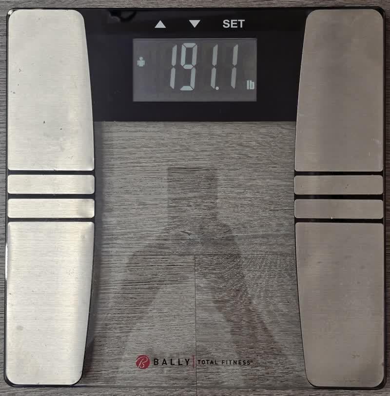 The scale on the morning of day 28 reading 191.1 pounds