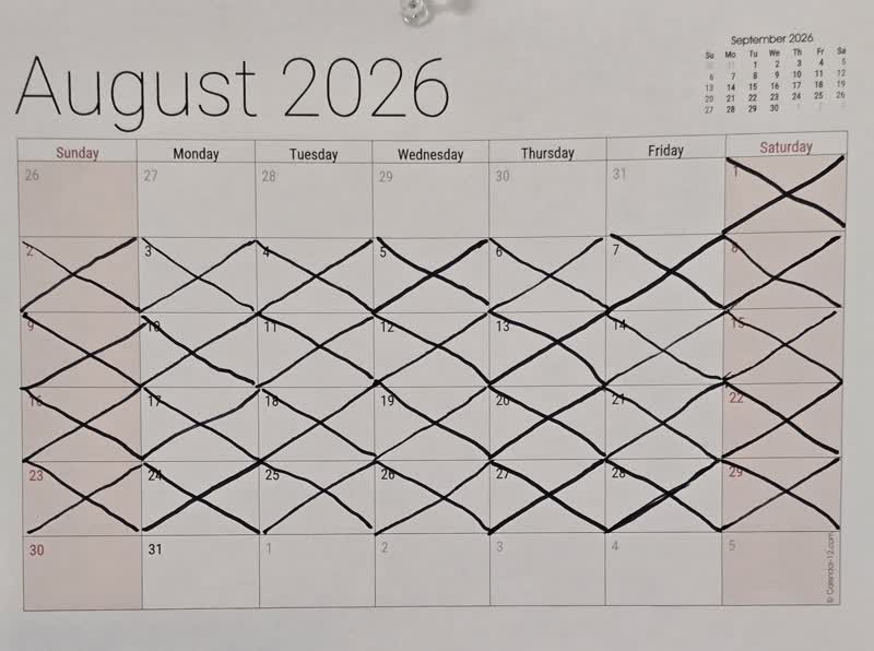 The August calendar with 29 days crossed off