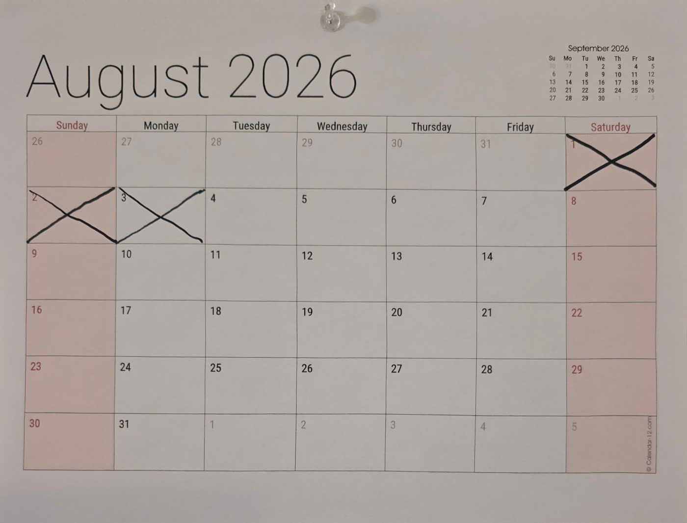 The August 2026 wall calendar with the first three days of the fast crossed off