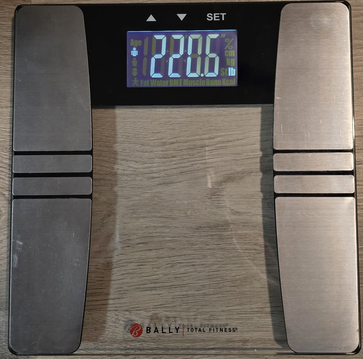 Bathroom scale on the morning of day 3 of the water fast reading 220.6 pounds, the 48 hour mark