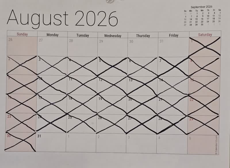 The August 2026 wall calendar with all thirty days crossed off