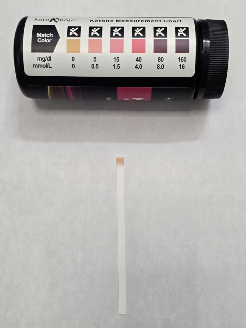 Day 33 ketone strip next to the color chart still reading zero