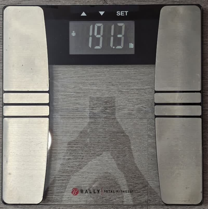 The scale on the morning of day 34 reading 191.3 pounds