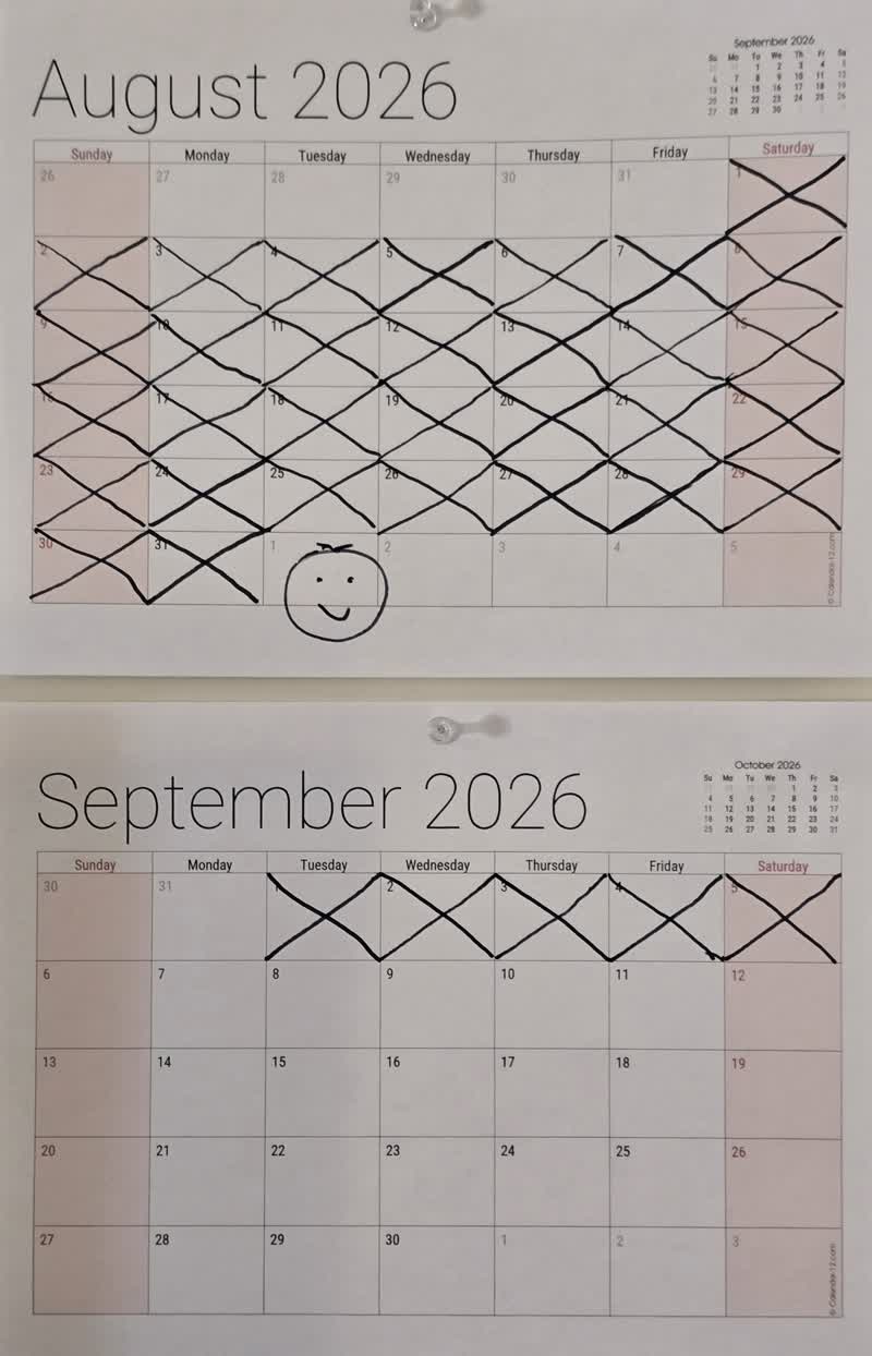 The wall calendar with day 36 marked off
