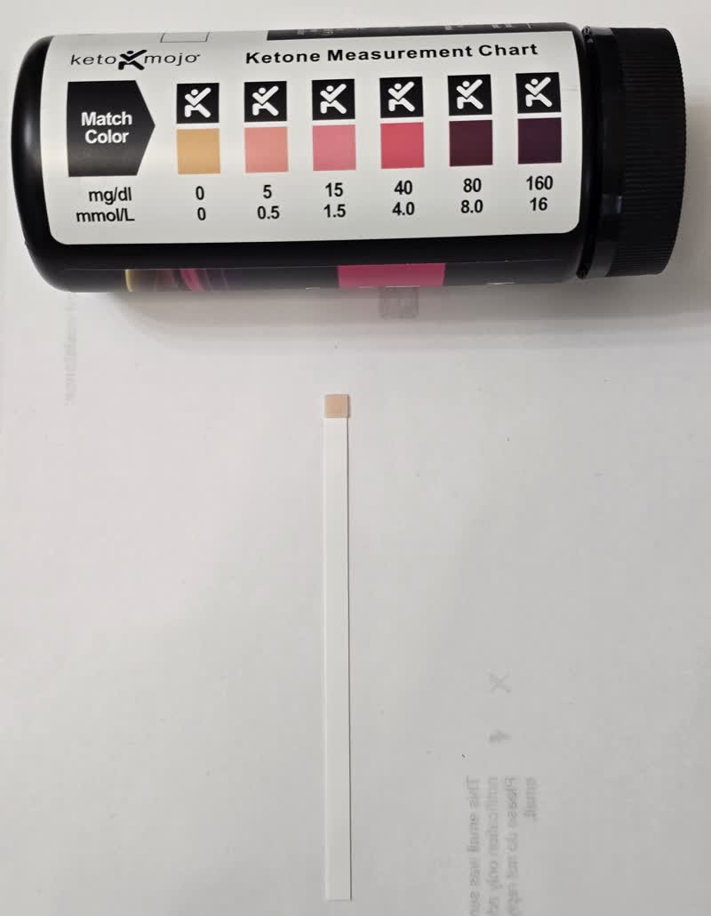 Day 36 ketone strip showing the first faint trace next to the color chart