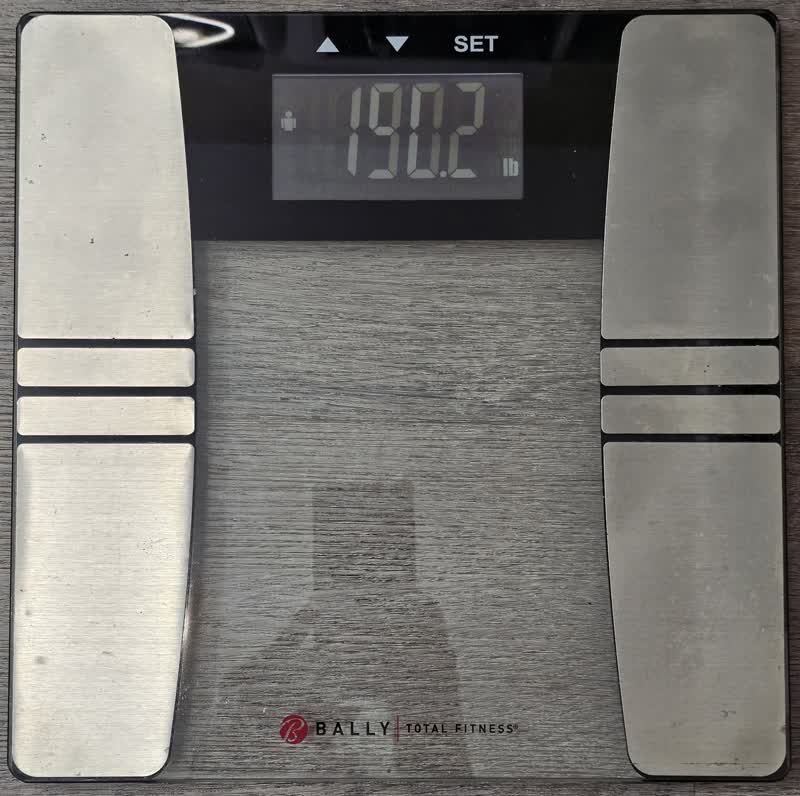 The scale on the morning of day 36 reading 190.2 pounds