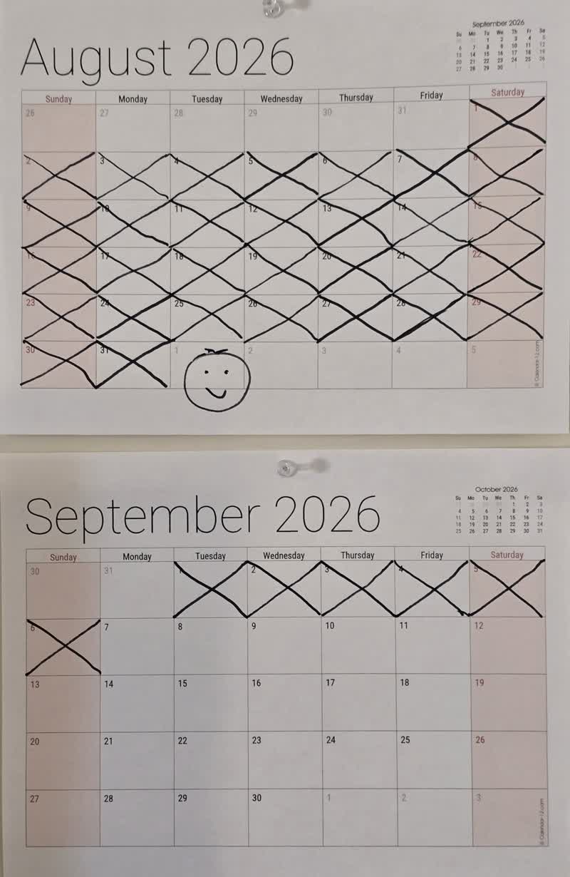 The wall calendar with day 37 marked off