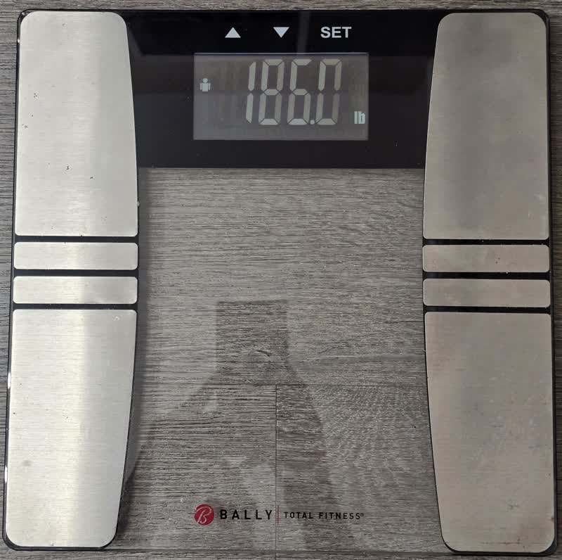 The scale on the morning of day 38 reading 186.0 pounds