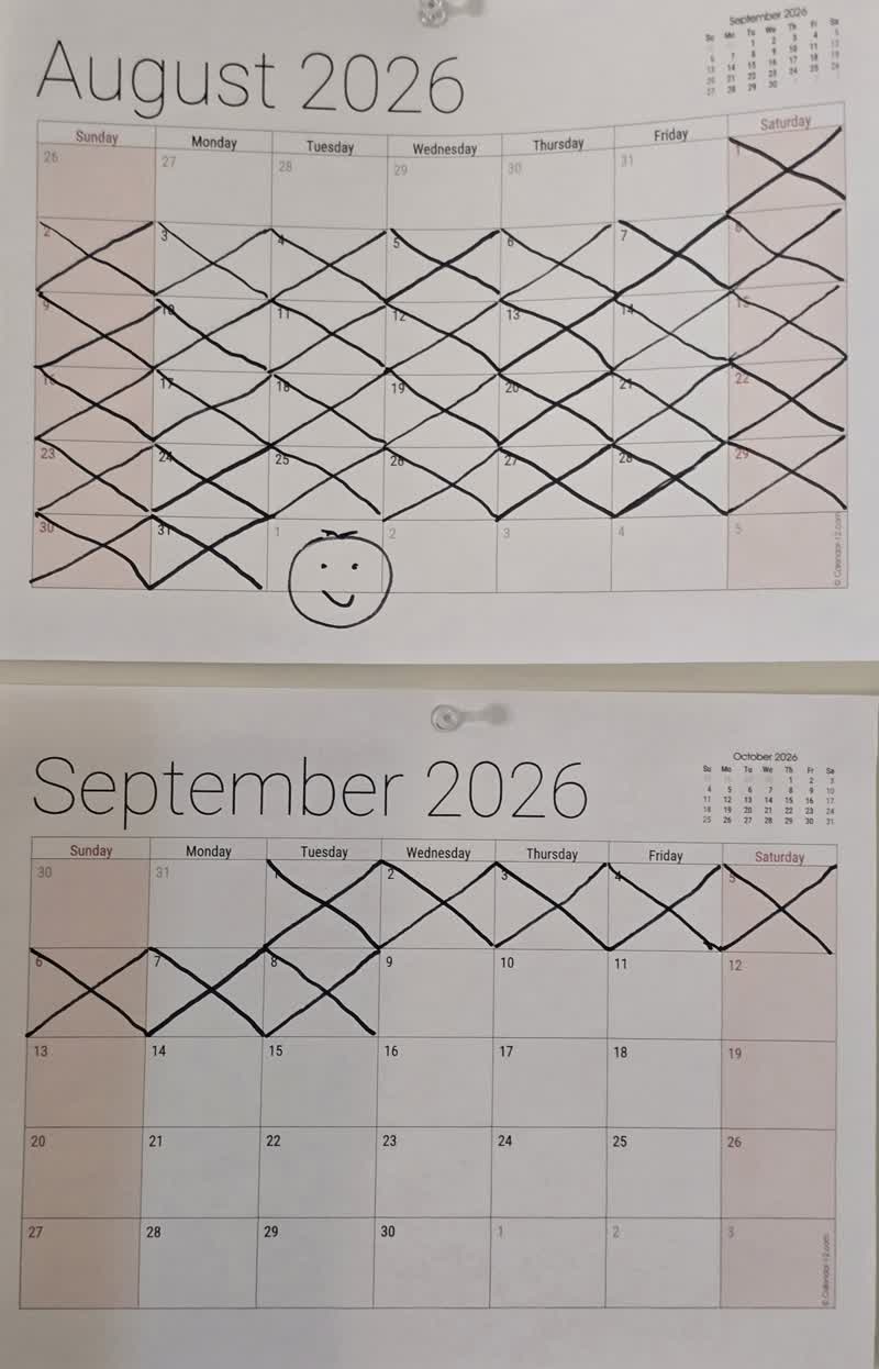 The wall calendar on day 39 of the water fast with the days crossed off