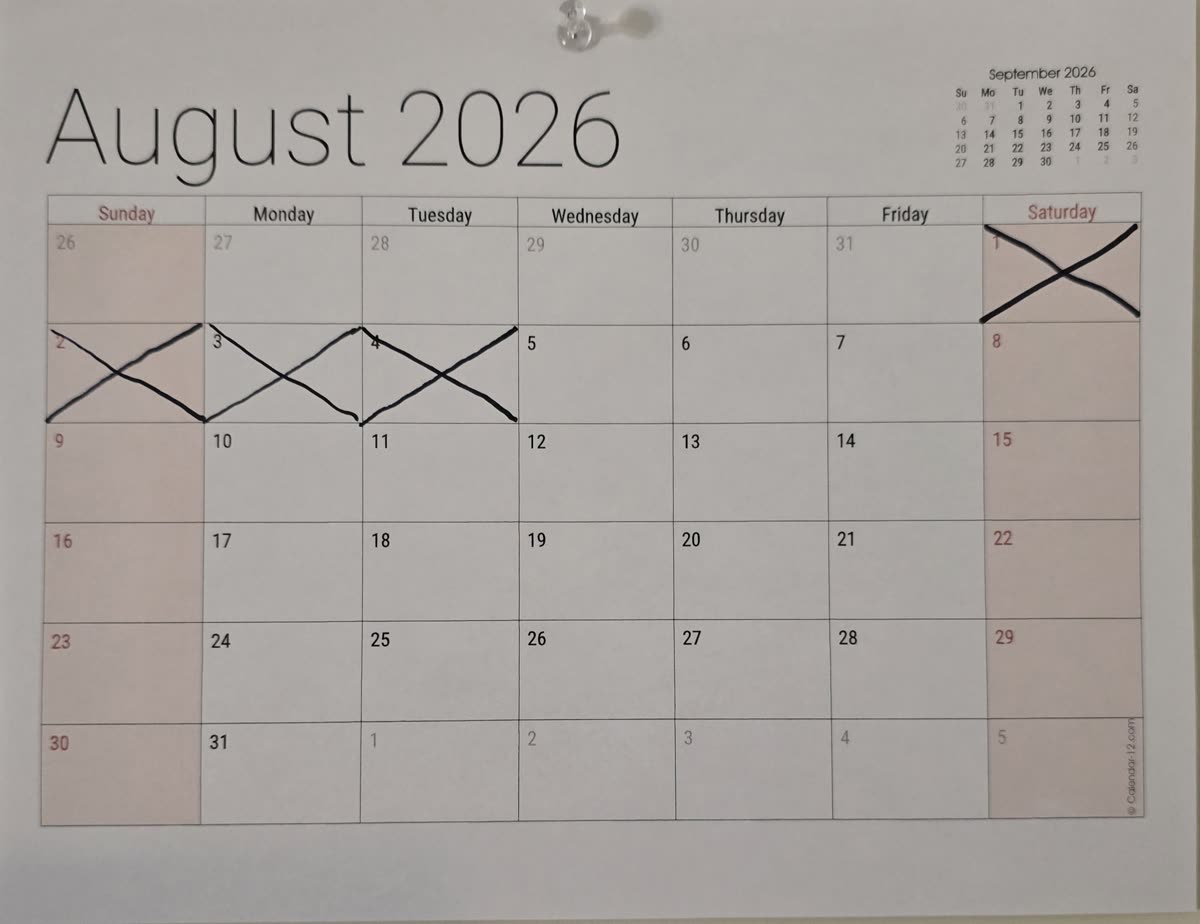 The August calendar with days 1 through 4 crossed off