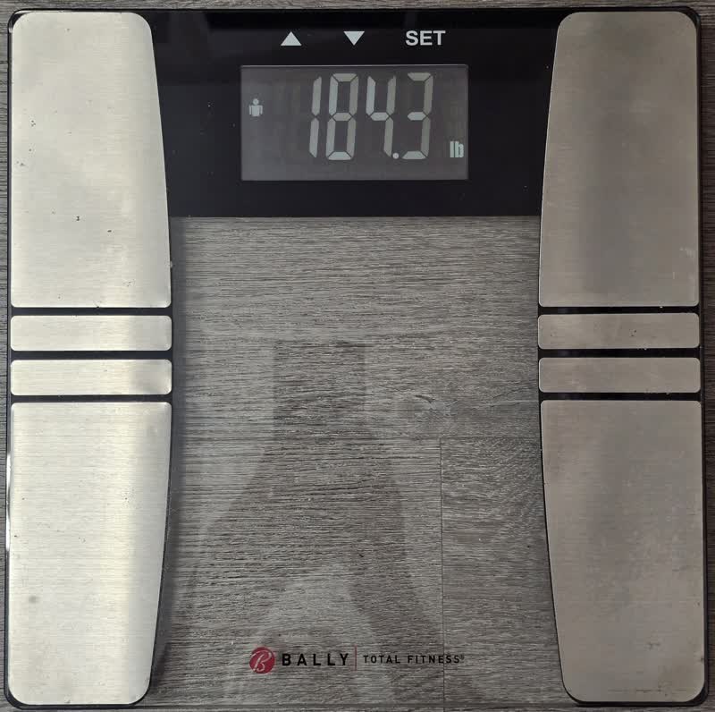 The scale on the morning of day 40 reading 184.3 pounds