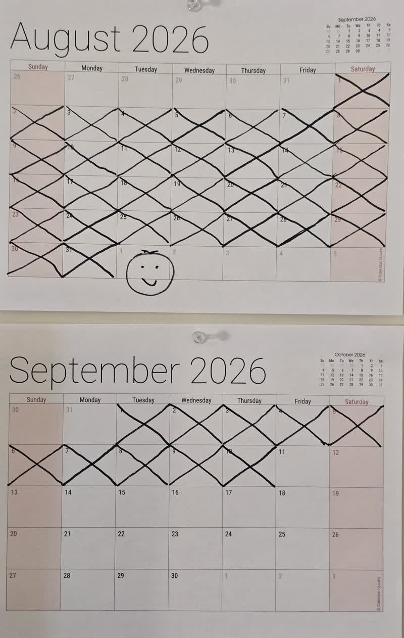 John's calendar on day 41, August crossed off and September marked through the tenth