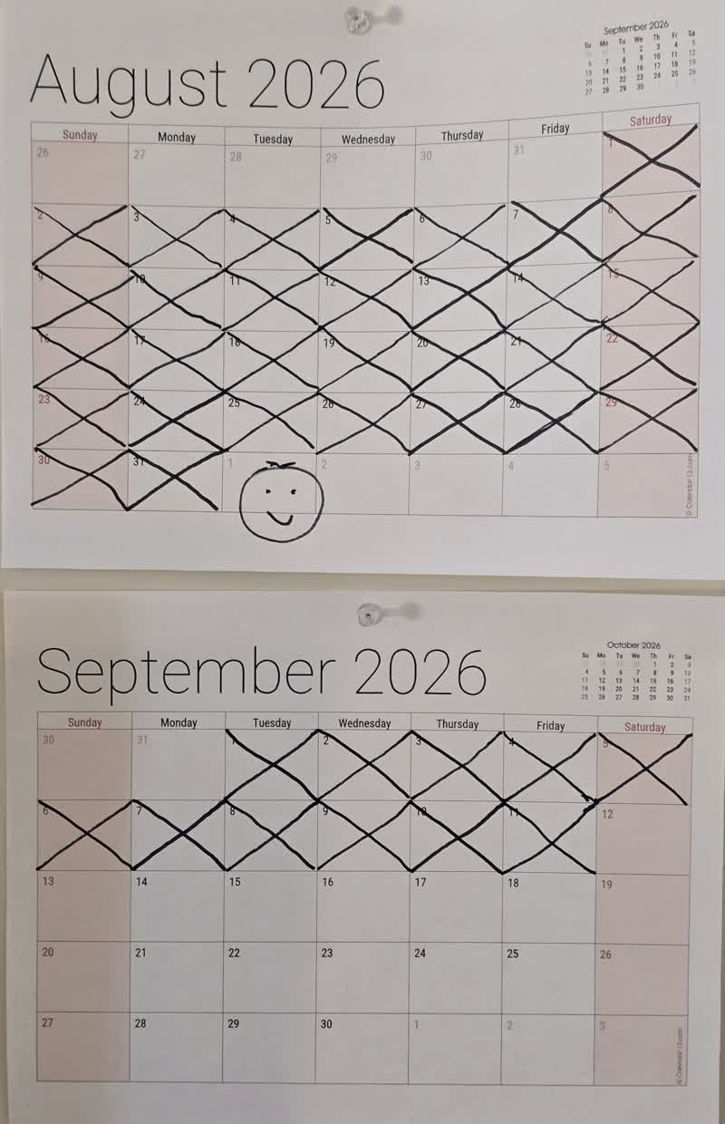 John's calendar on day 42, August crossed off and September marked through the eleventh