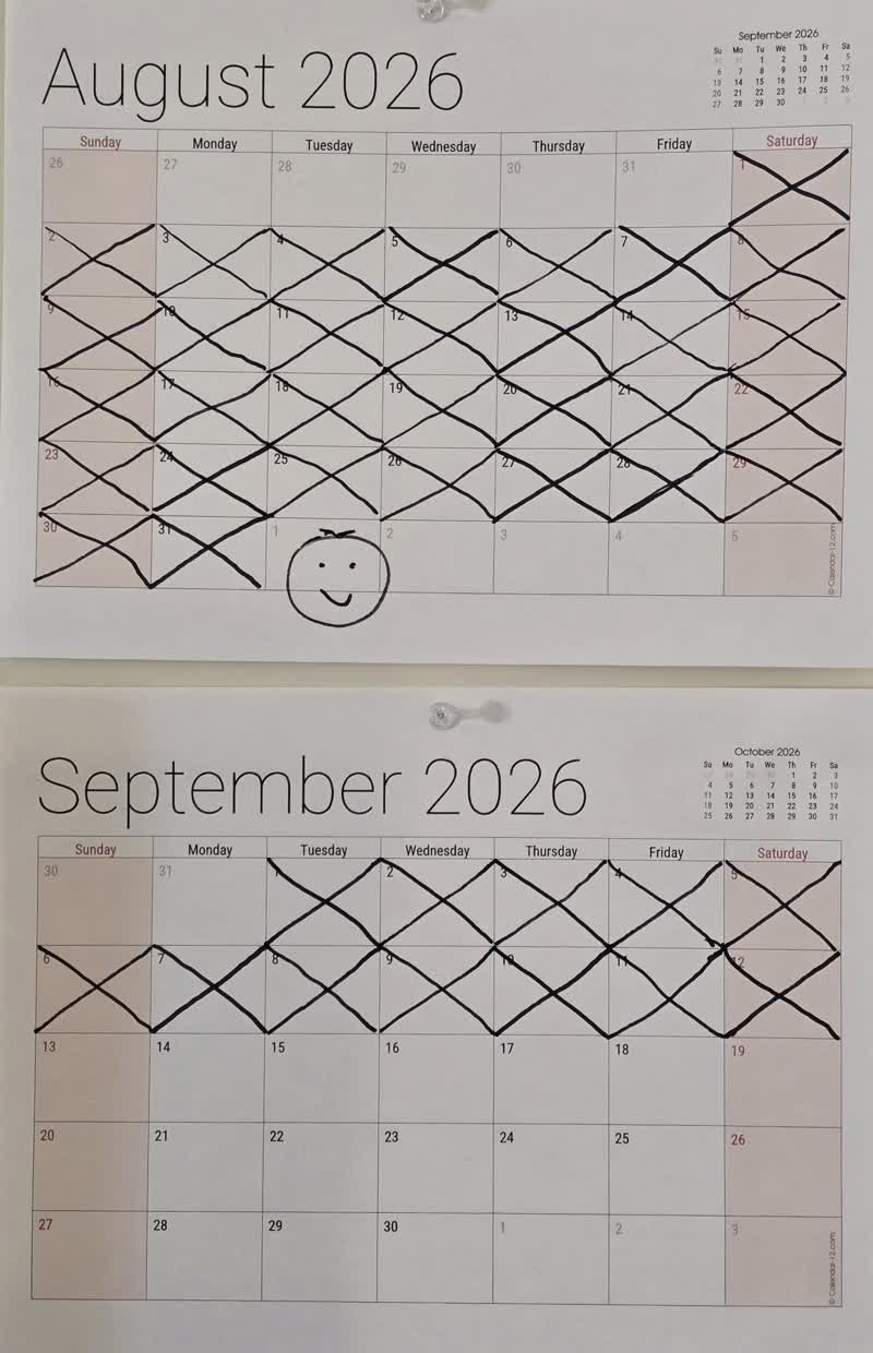 John's calendar on day 43, August crossed off and September filling in