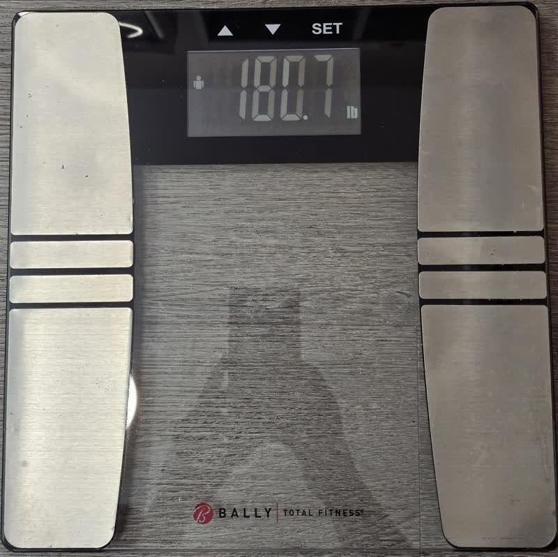 Bathroom scale on the morning of day 43 of the water fast reading 180.7 pounds
