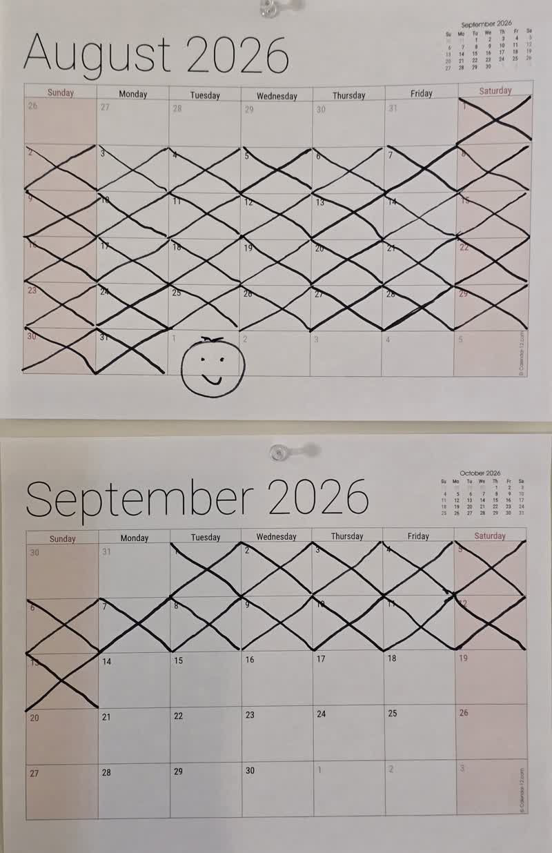 John's calendar on day 44, August crossed off and September marked through the thirteenth