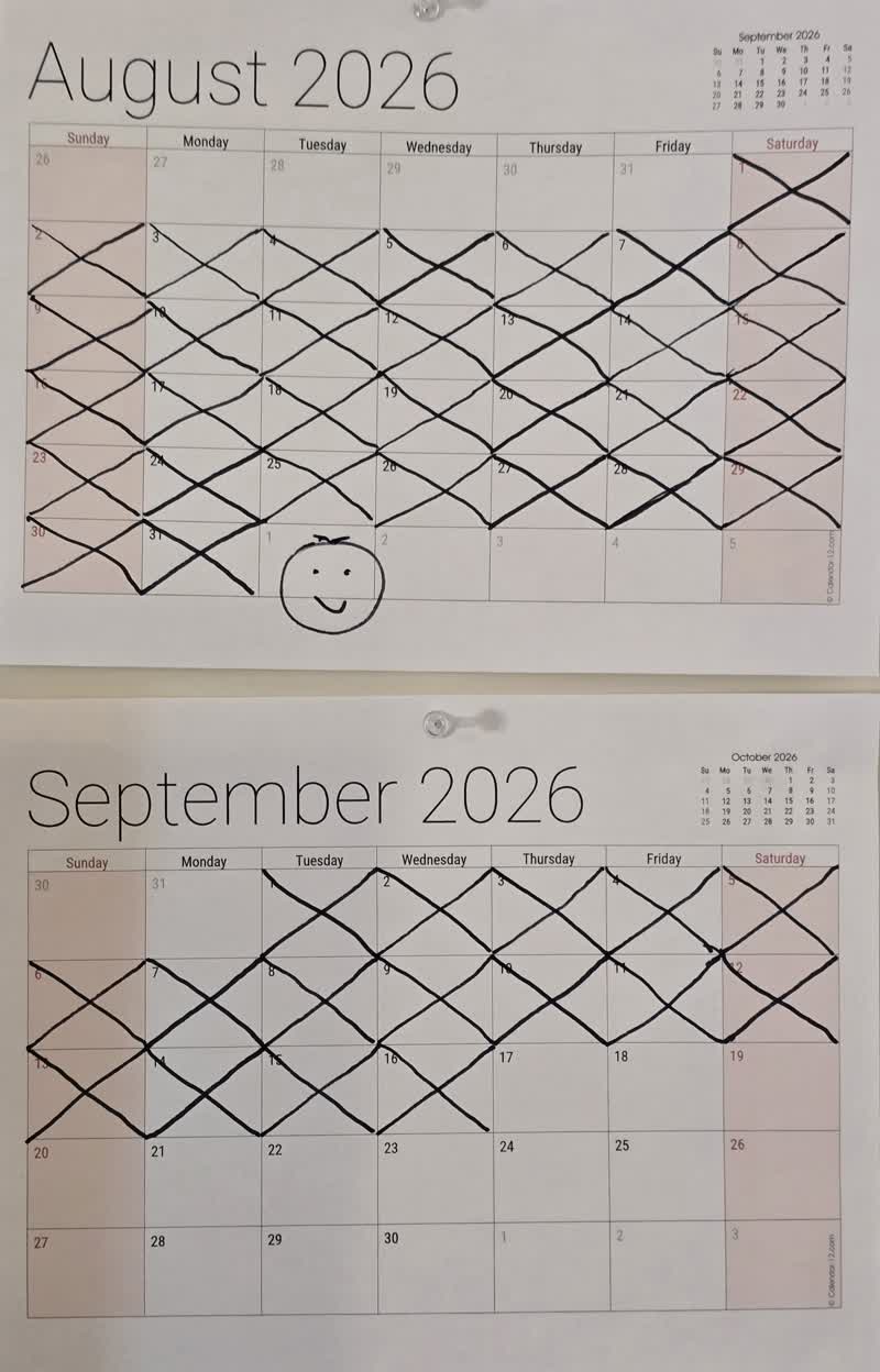 Calendar with day 47 crossed off