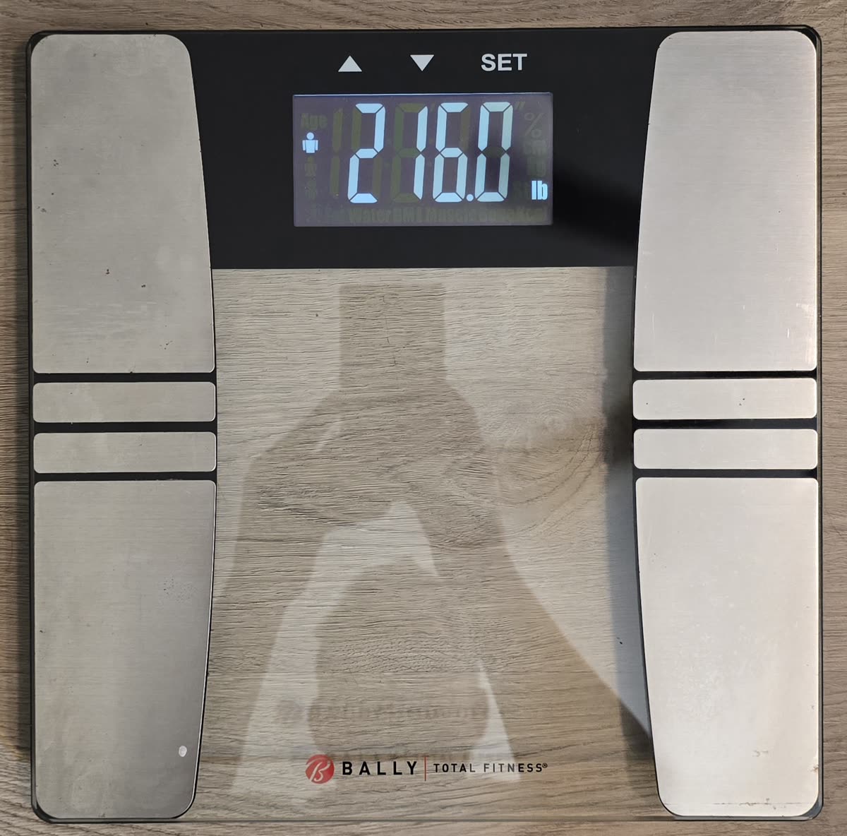 The scale on day 5 morning reading 216.0 pounds