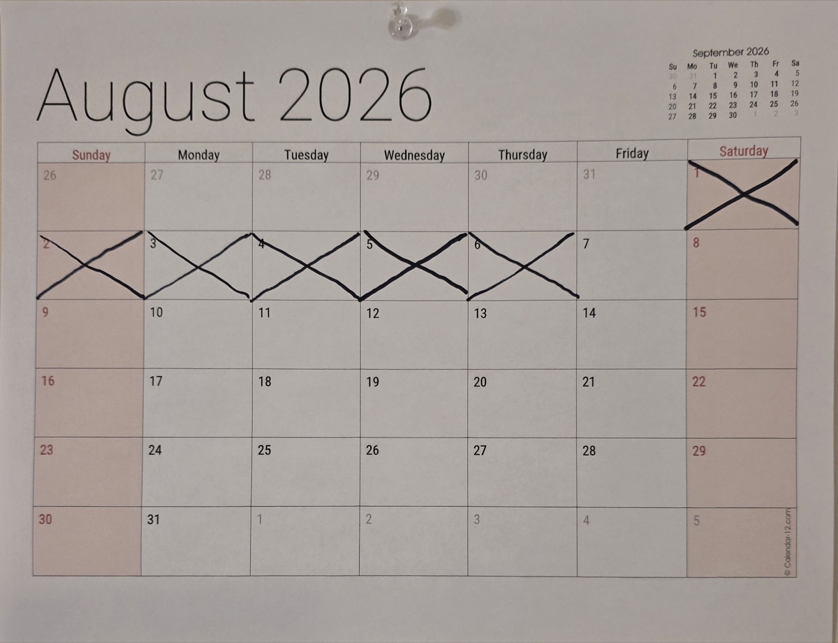 The August calendar with days 1 through 6 crossed off