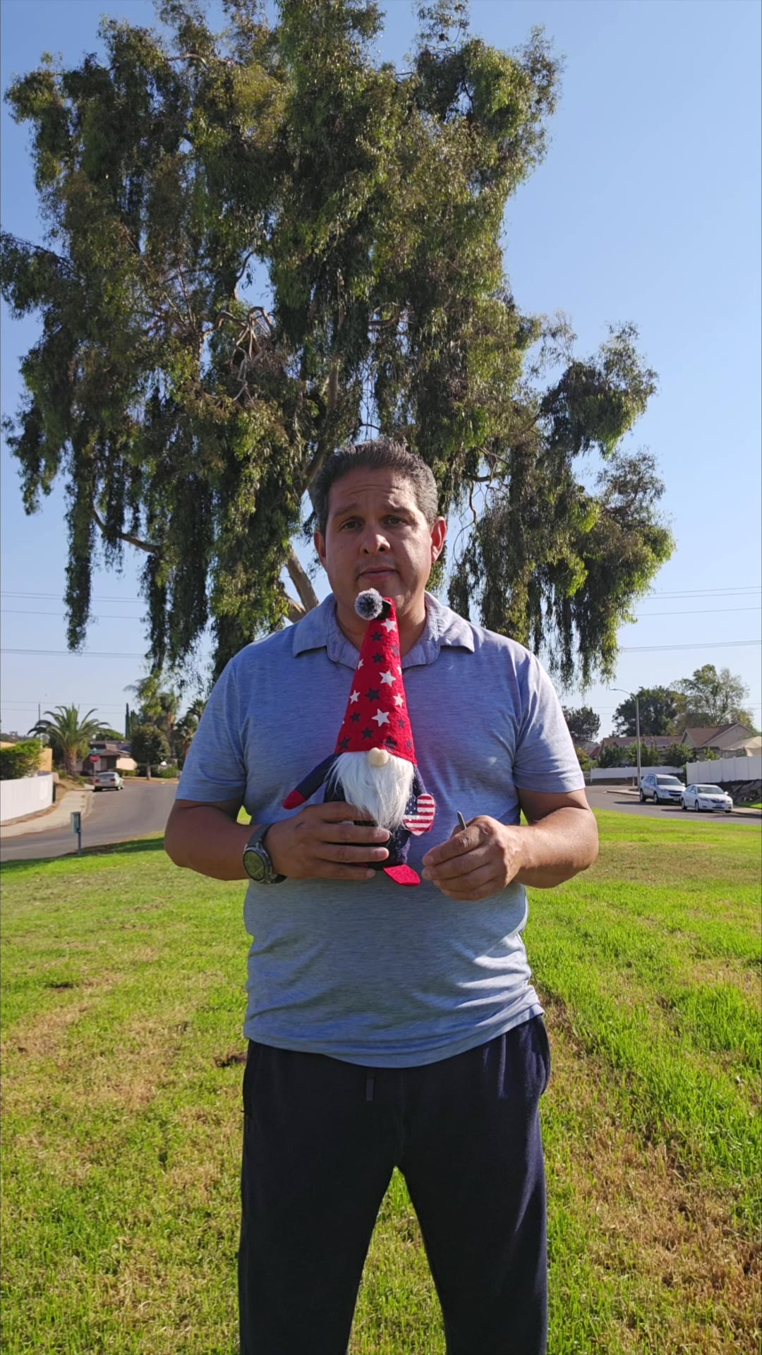 John on day 8 of the 90 day water fast, outside with the gnome