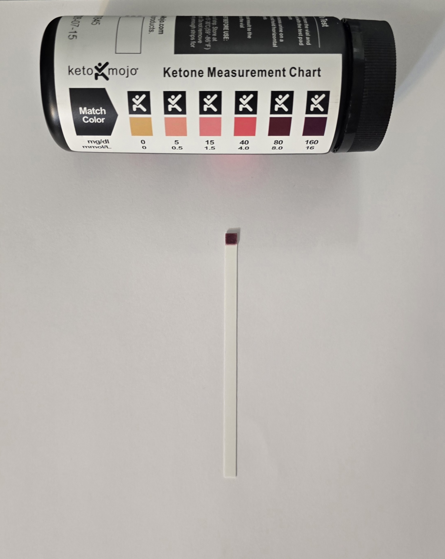 Keto mojo urine ketone strip on day 8 of the water fast matching the darkest square on the chart
