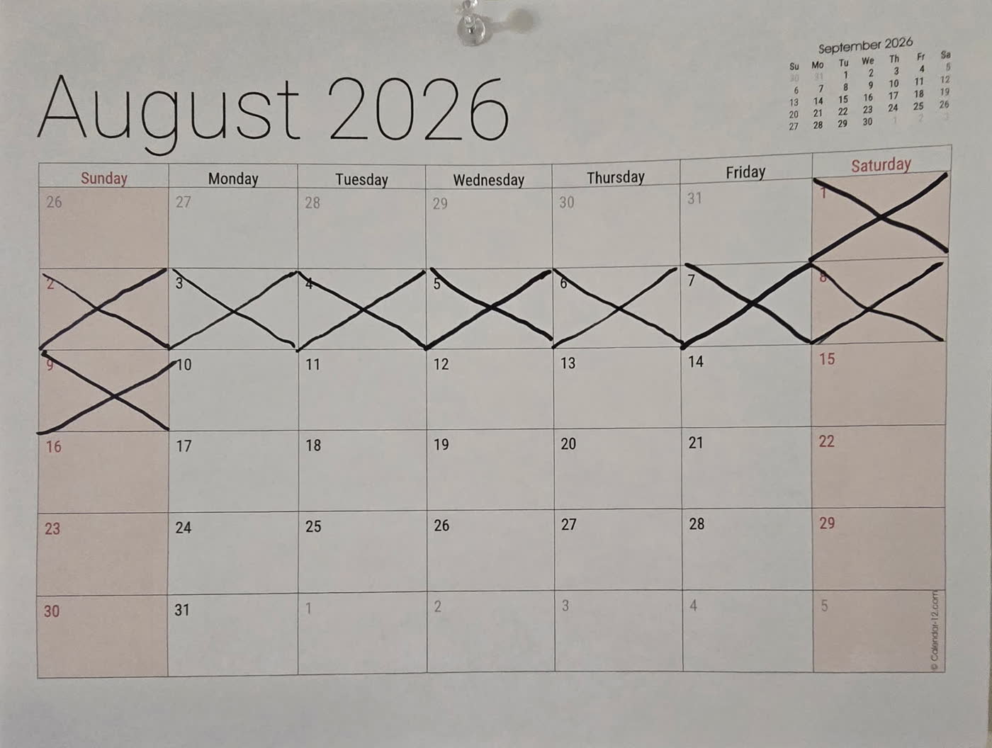 The August calendar with days 1 through 9 crossed off
