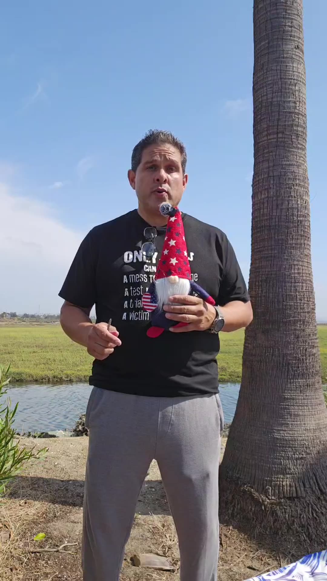 John on day 9 of the 90 day water fast, at the water with the gnome